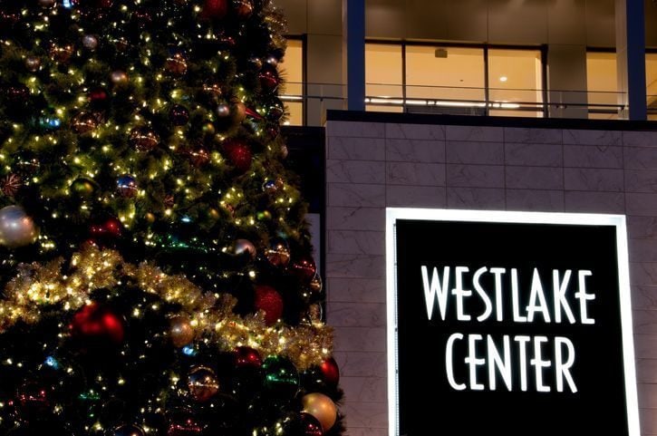 Seattle, USA- December 3, 2013: The Westlake Center shopping mall in downtown with the illuminated Christmas tree at twilight.