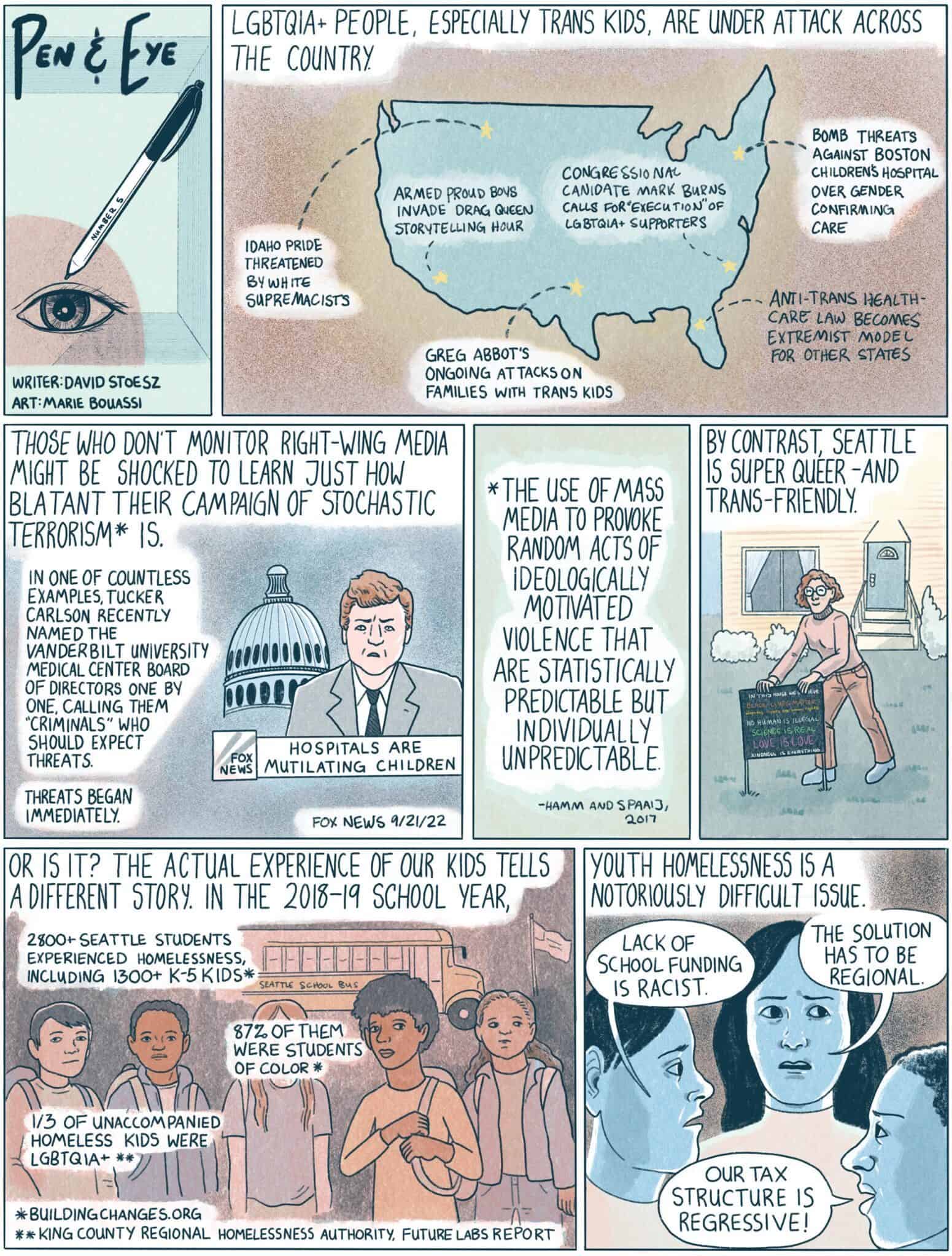 A pen-and-eye comic strip sheds light on attacks against LGBTQ+ and trans kids in the U.S., weaving in geography, statistics, and education issues while focusing on media portrayal and the pressing challenge of homelessness.