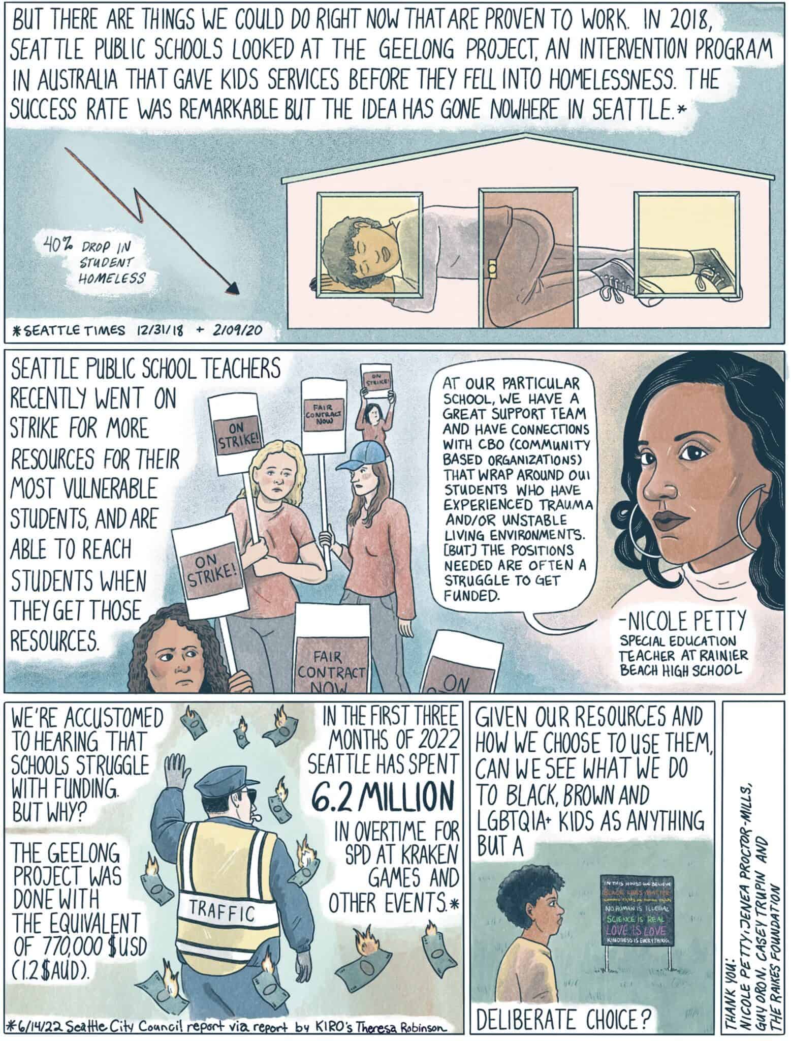 Comic-style illustration capturing a discussion on homelessness and education in Seattle. With pen in hand, a woman speaks passionately about resource allocation and equality, surrounded by protestors with signs. Eye-catching quotes emphasize the urgent need for change.