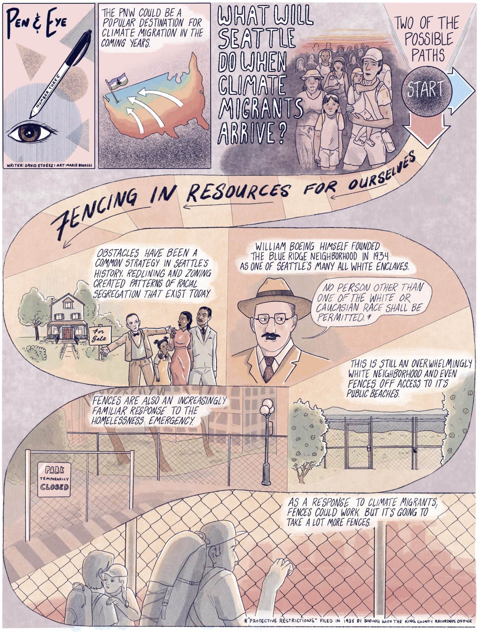 A comic illustration delves into Seattle's responses to climate refugees, highlighting potential community tension, resource fencing, and homelessness barriers.