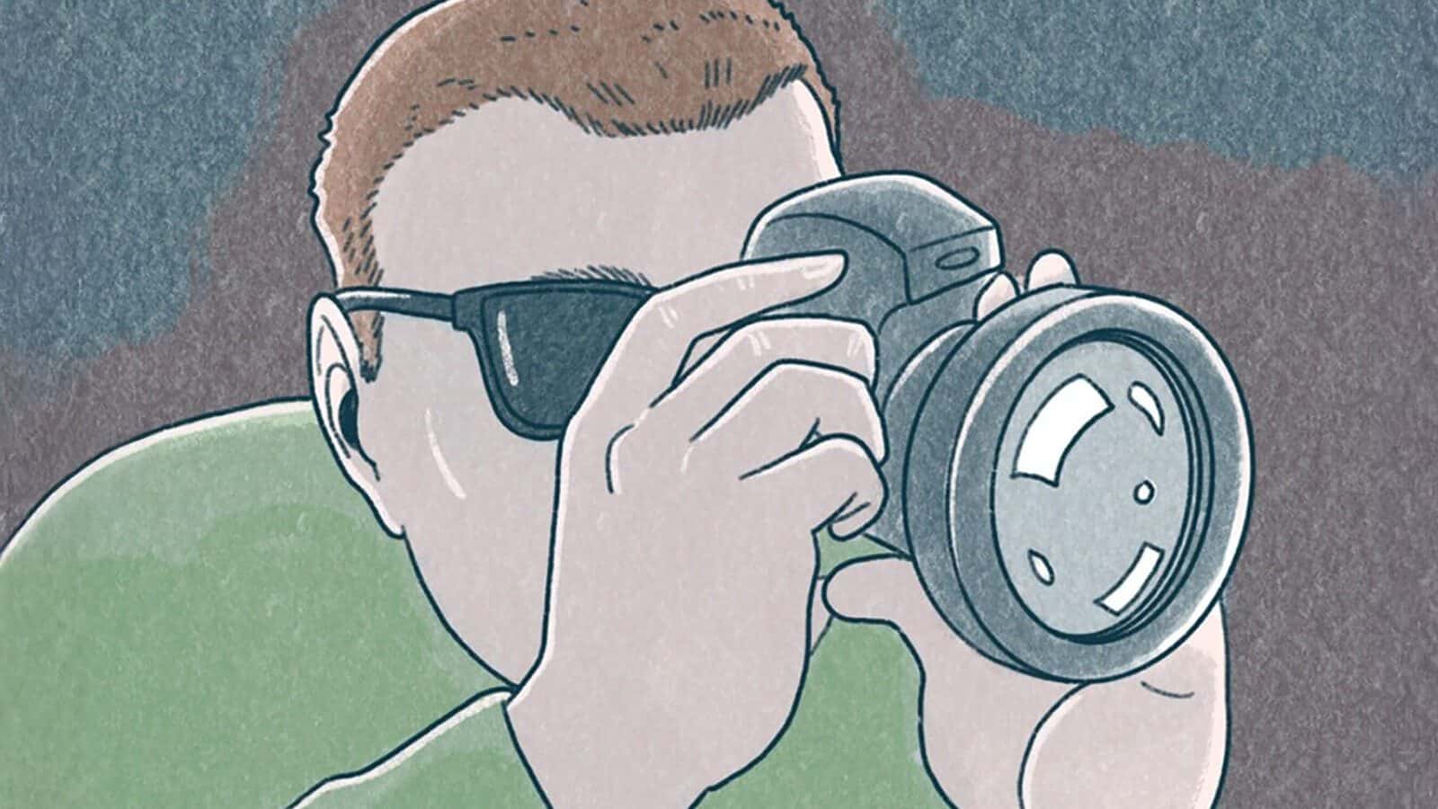 Illustration of a person wearing sunglasses, holding and peering through a camera against a brownish-blue shaded backdrop, capturing the essence of the bustling streets amidst reports of police crimes in Seattle.