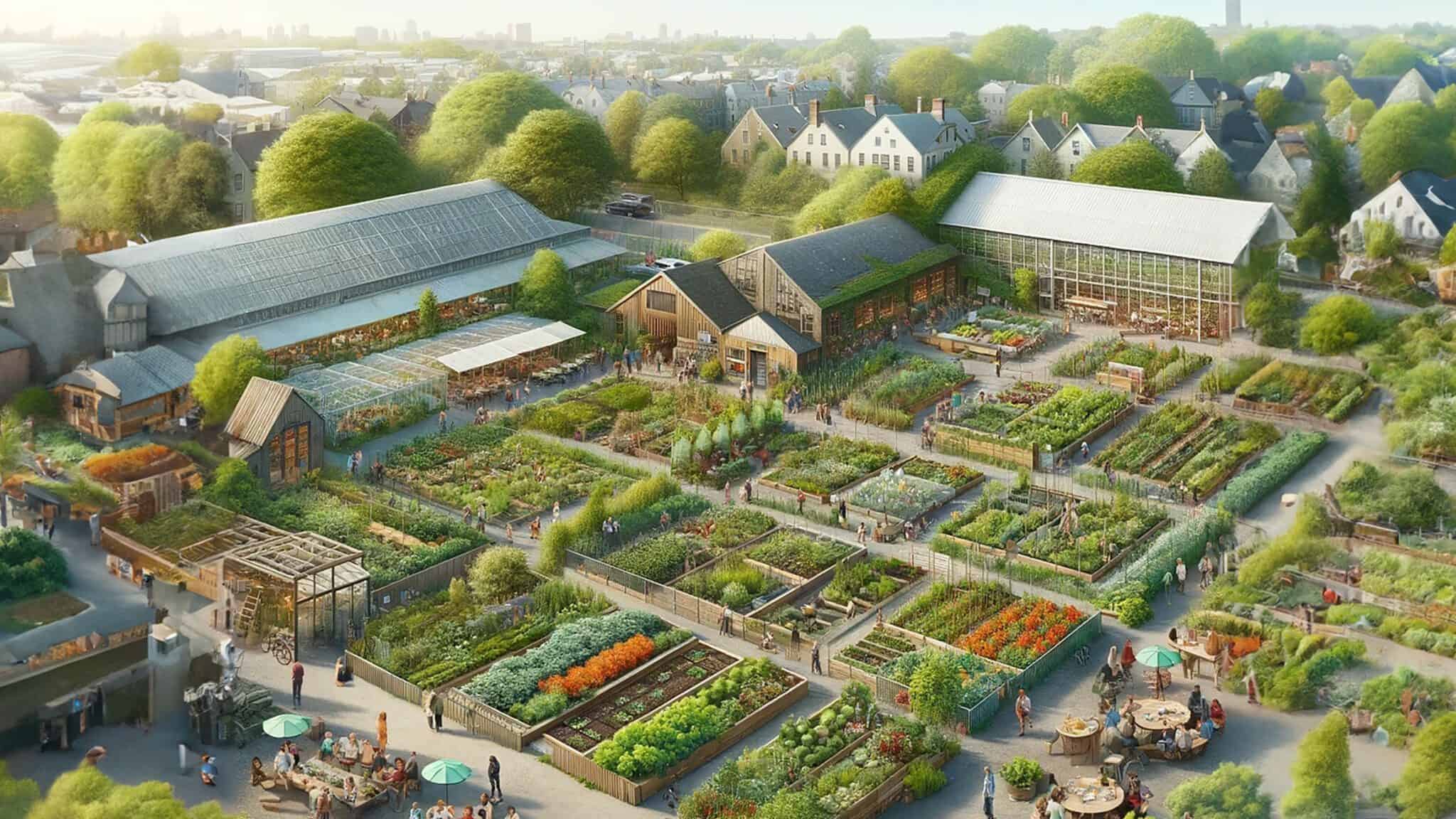 Aerial view of Molbak's Garden + Home featuring sustainable urban farm with greenhouses and neatly arranged garden beds, surrounded by residential houses.