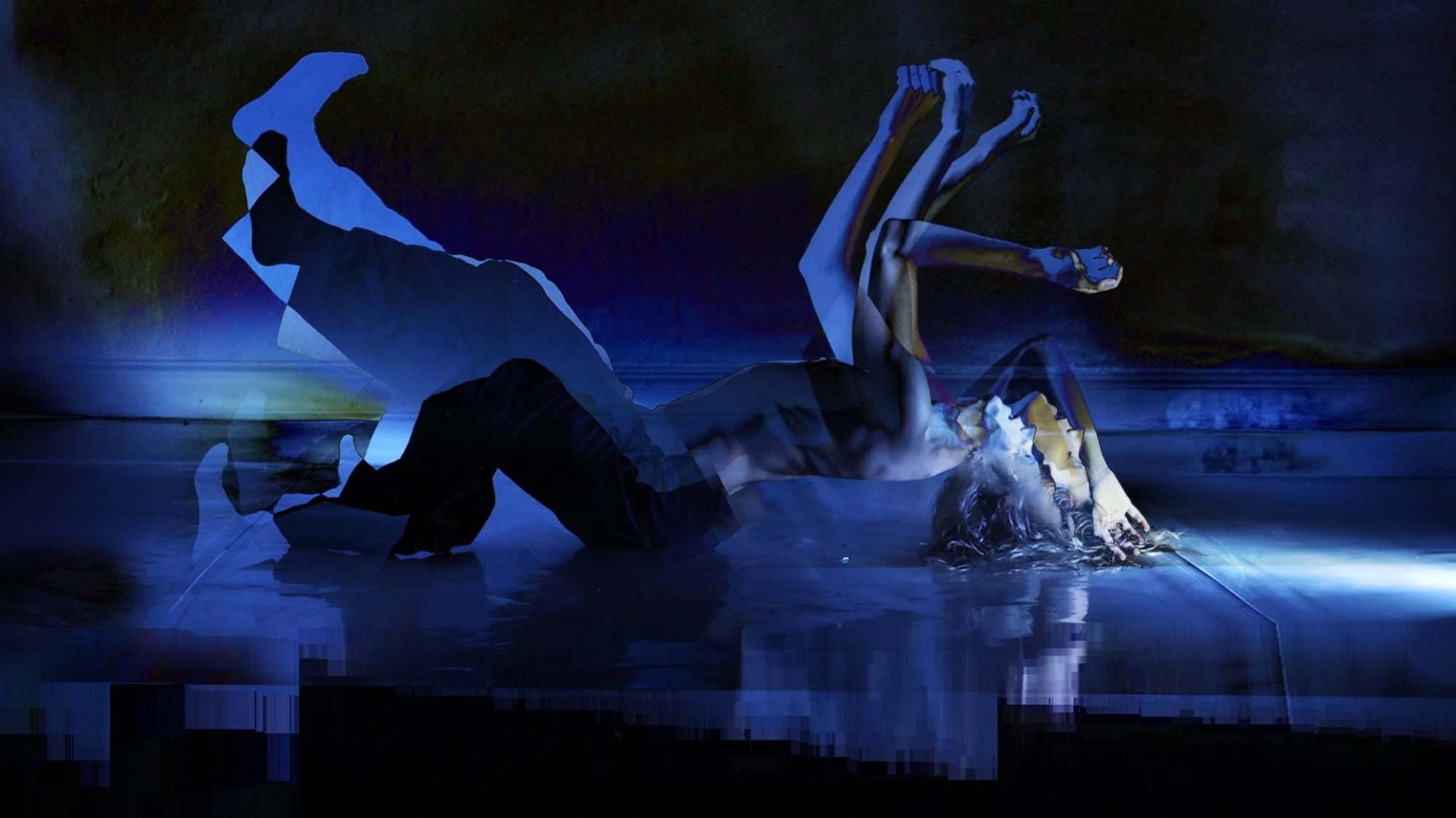 arts_lavinia_portrait-16-9-2000x1125-min A digital artwork featuring a silhouette of a person in rehabilitation, merging with a realistic image of a person undergoing physical therapy by lying back in a shallow pool of water under blue lighting.