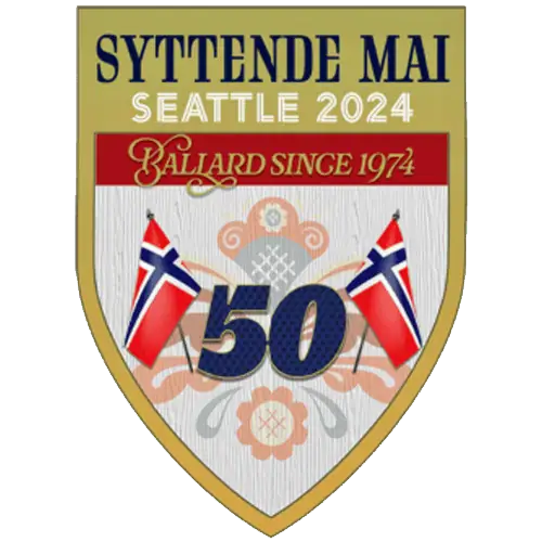A badge for Seattle's 2024 Syttende Mai celebration, featuring two Norwegian flags and the number 50, marking 50 years of Ballard's involvement since 1974. Hip hurra for Norwegian Constitution Day!