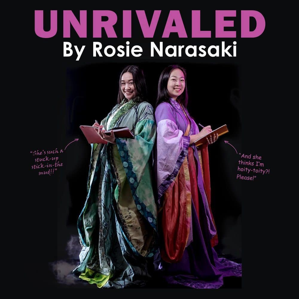 Two people in traditional attire stand back to back, holding books. Speech bubbles express playful rivalry: "She's such a stuck-up stick-in-the-mud!" and "And she thinks I'm hoity-toity? Please!". Mark your Must List for 05-16-2024 to witness this delightful exchange.
