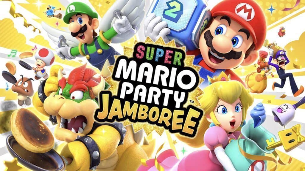 Cover art for the game "Super Mario Party Jamboree" featuring Mario, Luigi, Princess Peach, Bowser, Toad, and other characters in a vibrant Seattle skyline with various game elements.