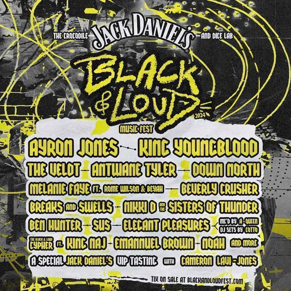 Promotional poster for "Jack Daniel's Black & Loud Music Fest 2024" on Sept. 12, featuring a must-list lineup including Ayron Jones, King Youngblood, The Velot, Down North, and others. Additional events and ticket information included.