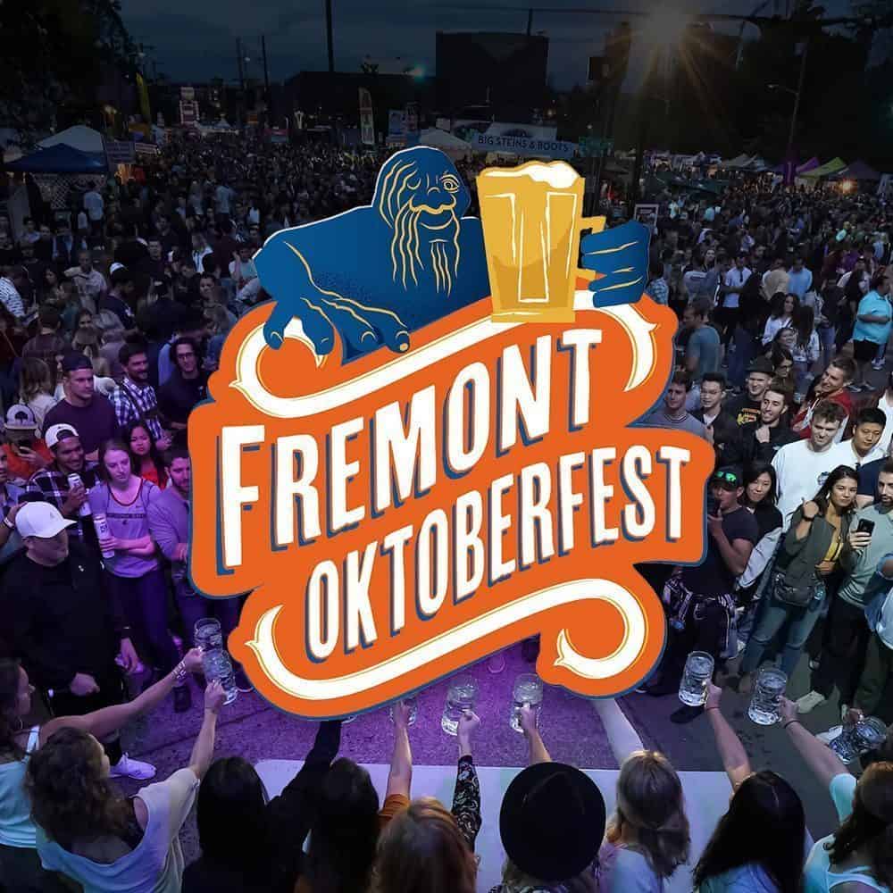 A crowd at Fremont Oktoberfest holds up beer steins in a toast. Large text in the center reads "Fremont Oktoberfest 09-19-2024" with an image of a person and beer glasses, making it a must-list event on your calendar.