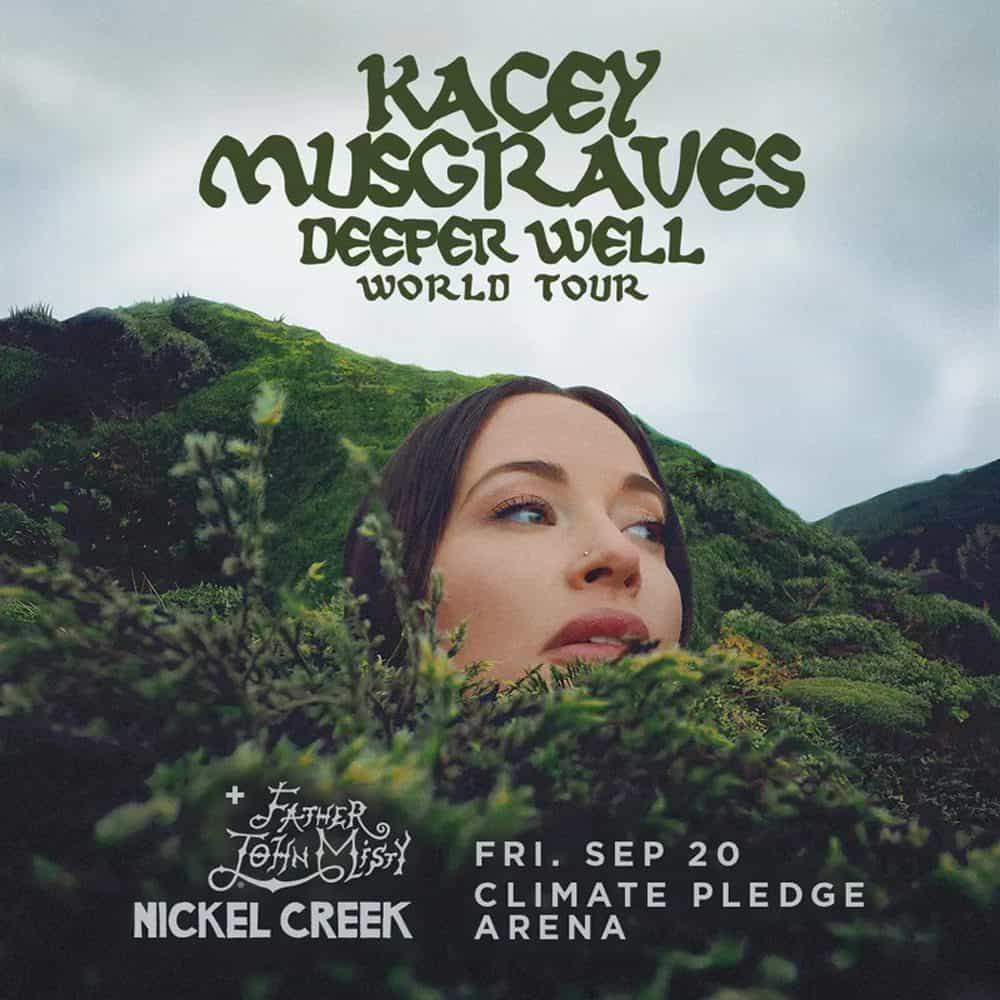 Poster for Kacey Musgraves' "Deeper Well World Tour" featuring supporting acts Father John Misty and Nickel Creek. The event is a Must List pick on Friday, September 20th, at Climate Pledge Arena.