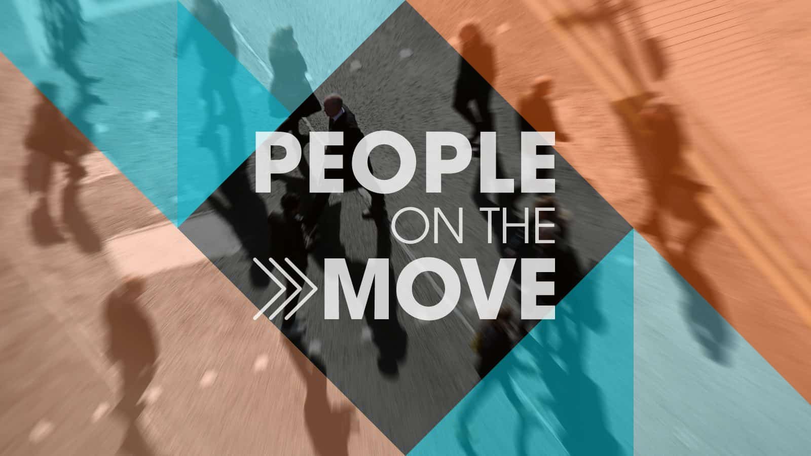 Aerial view of people walking in various directions with the words "People on the Move" prominently overlaid in the center. Triangular color blocks in shades of brown and teal frame the image.