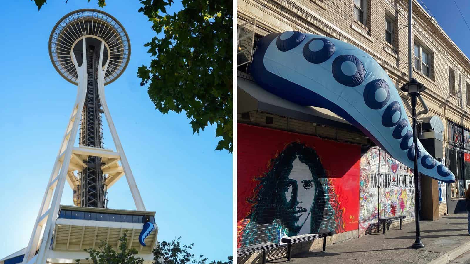 Left: The Space Needle against a clear blue sky. Right: A large inflatable octopus tentacle, as if the Kraken had been unleashed, protrudes from a brick building with a mural in an urban setting.