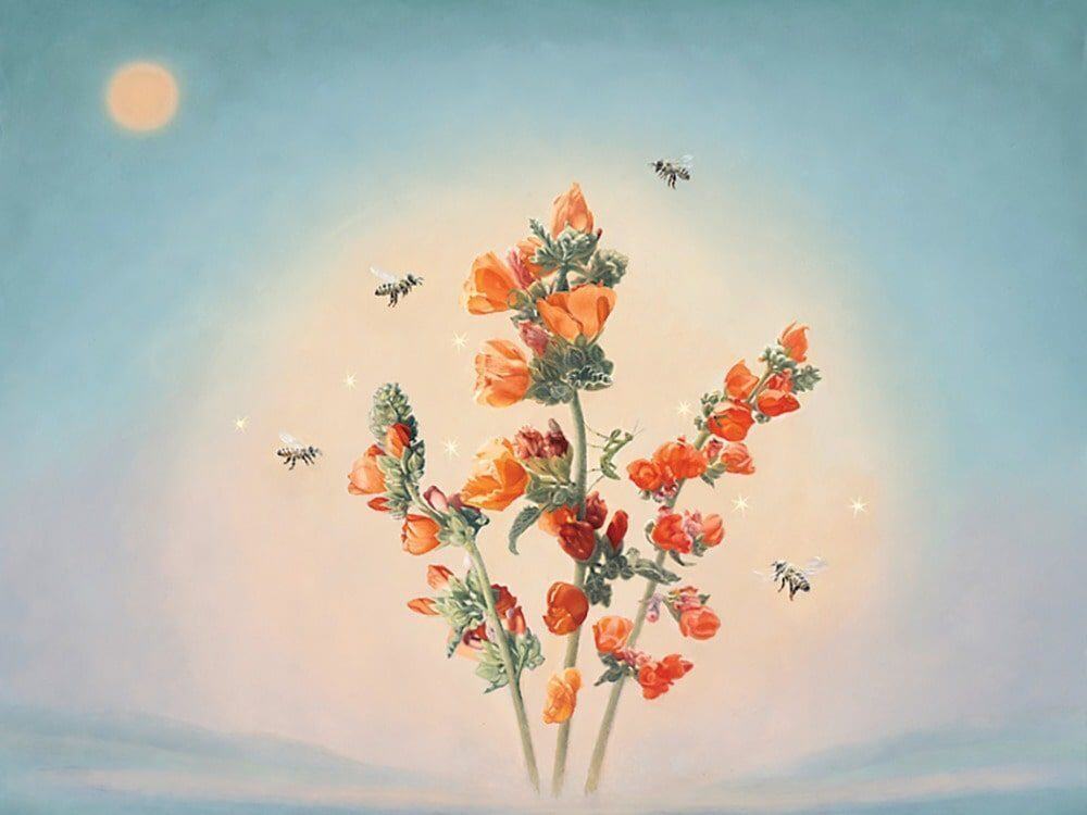 A cluster of orange flowers with green stems is surrounded by buzzing bees under a soft blue sky, with the sun faintly visible in the background, as if to say, "Let There Be Light.