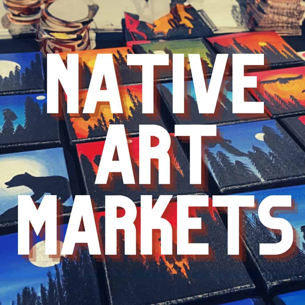 Paintings with nature and wildlife themes are beautifully displayed on a table, overlayed with the text "Native Art Markets." Mark your calendars for this must-list event, happening on 11-21-2024.