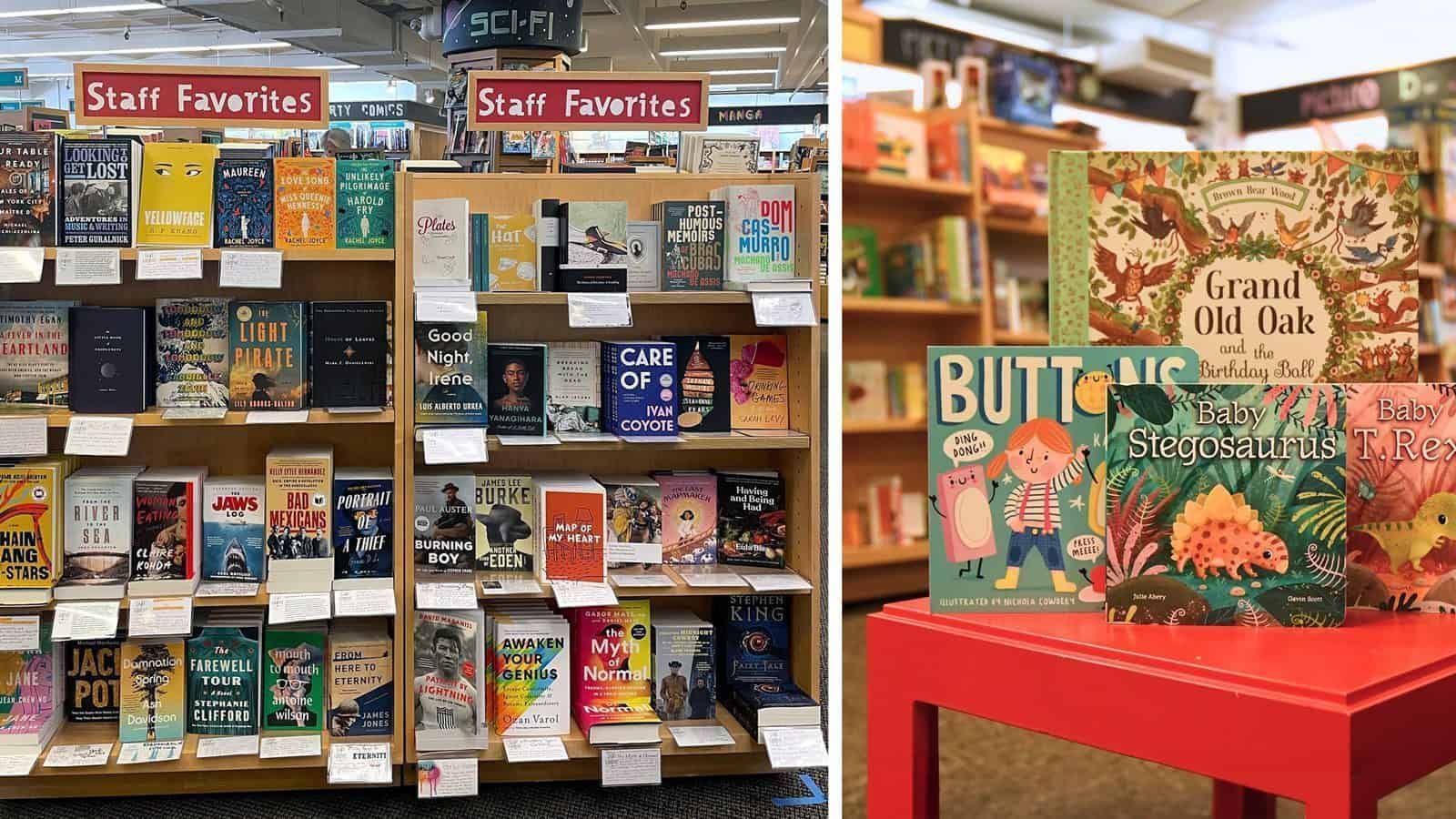 Books in the "Staff Favorites" section hum with energy, offering a variety of genres that capture the essence of the U District. A separate stand dedicated to children's books adds a playful touch to this vibrant display.