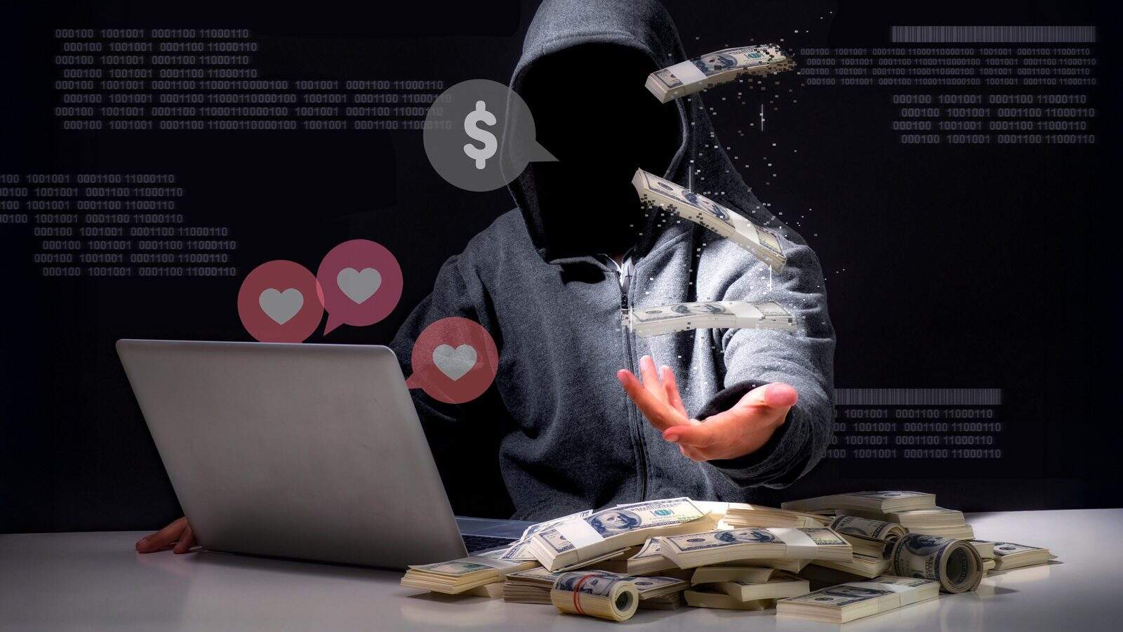 ReformedNigerianScammer_1600x900 A faceless person in a hoodie types on a laptop, embodying the elusive aura of a Nigerian scammer, while holding cash surrounded by stacks of money and digital icons.