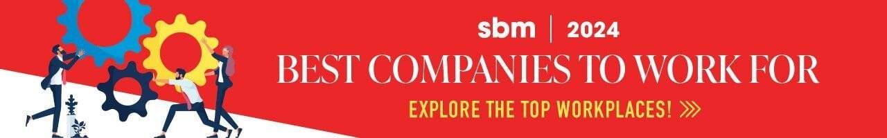 Banner for SBM magazine's "2024 Best Companies to Work For," showcasing silhouettes of people and gears against a vibrant red background, embodying the dynamic spirit of Seattle industries.