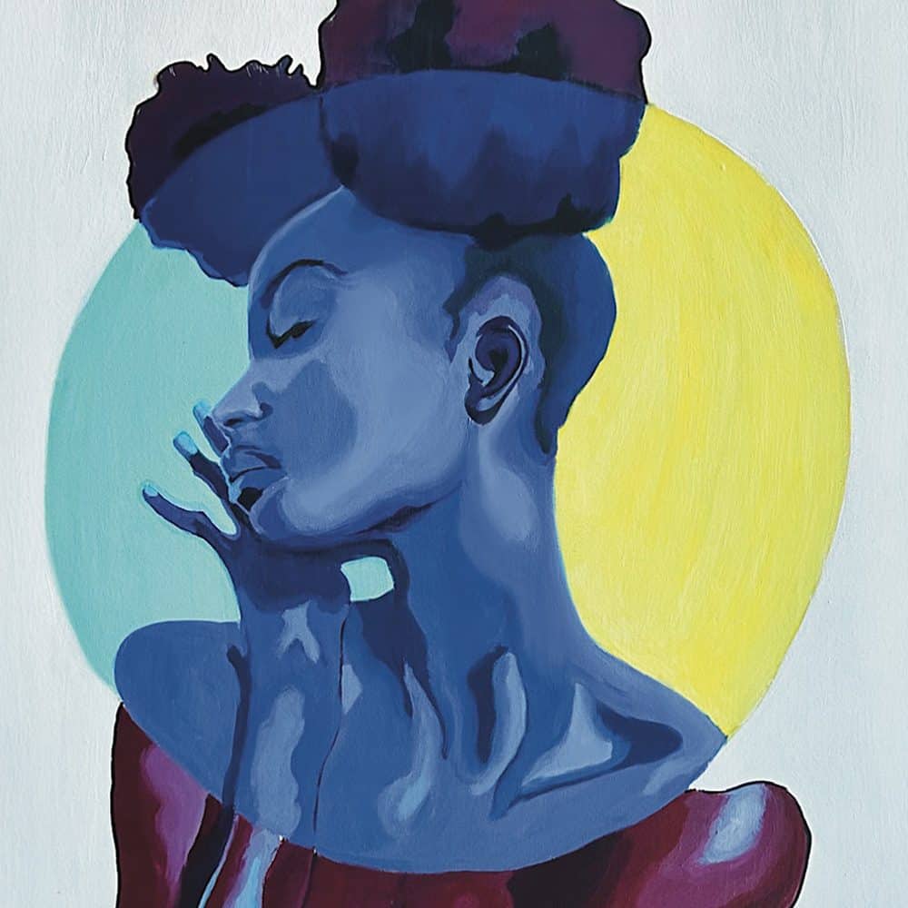 A captivating painting of a woman with closed eyes and hand gently touching her face, set against a circular backdrop split into blue and yellow halves. It's a mesmerizing piece to add to your art collection by 02-06-2025—a definite must-list masterpiece.