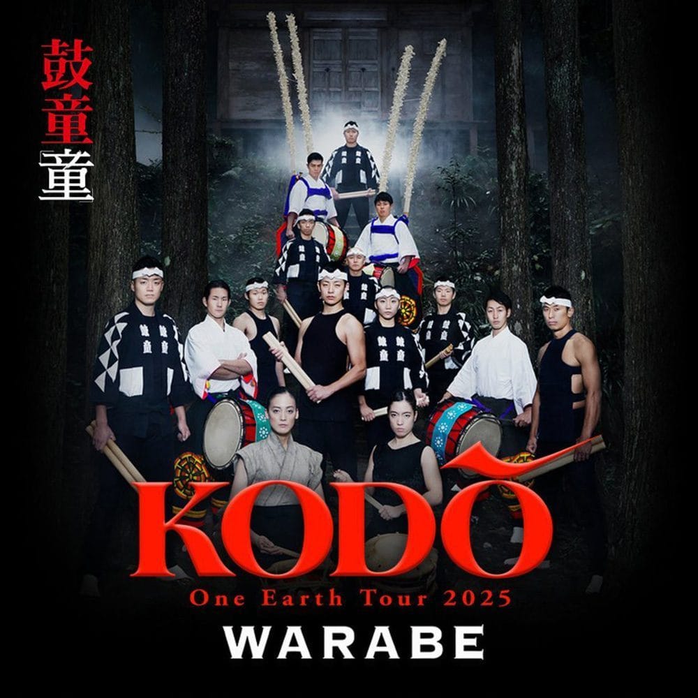 A group of musicians in traditional attire pose with drums in a serene forest setting. Red text reads "KODO One Earth Tour 2025 Warabe," a must-list event for any music enthusiast seeking culturally rich experiences.