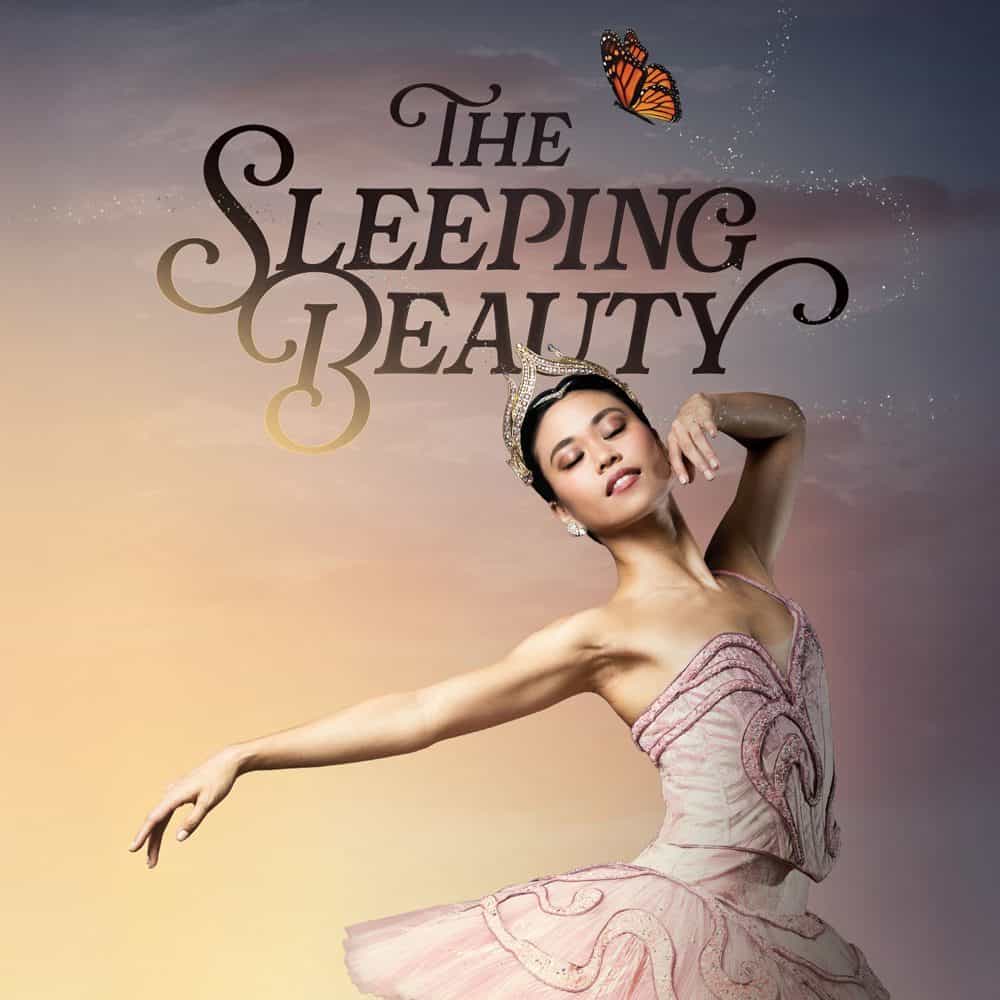 A ballerina in a pink costume poses gracefully with her eyes closed under "The Sleeping Beauty" text and a butterfly, creating a must-list image for SEO keywords.