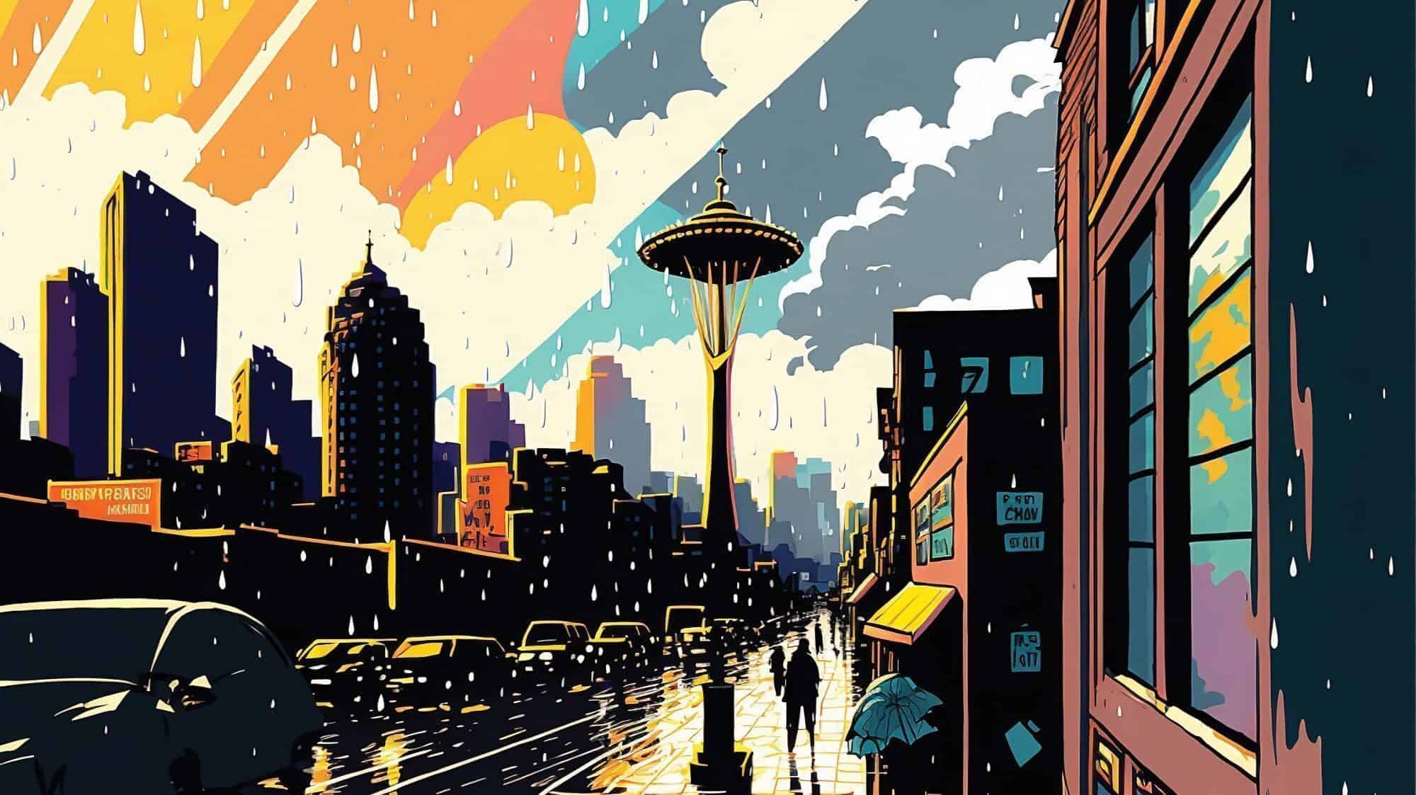 CLARITY_AdobeStock_562525385 copy-16-9-2000x1125-min An illustrated cityscape captures the vibrant essence of Seattle, featuring a silhouette of its iconic tower against a colorful sky. Raindrops fall softly on cars and a pedestrian, hinting at the dynamic changes in Seattle amidst its ever-evolving urban landscape.
