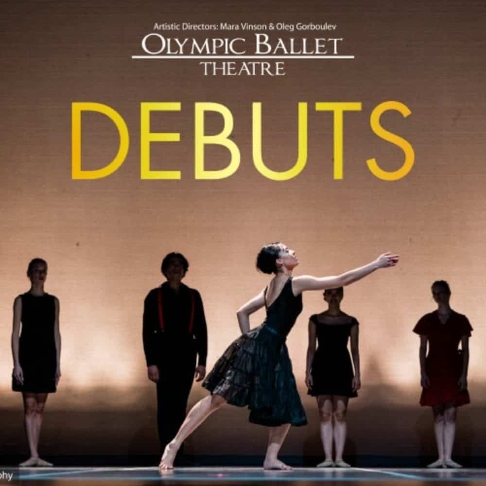 A ballerina in a dark dress poses on stage, with "Olympic Ballet Theatre DEBUTS" written above. Four dancers in shadow stand behind, hinting at a mesmerizing performance not to be missed. Mark February 2025 on your must-list for an event worthy of the spotlight.