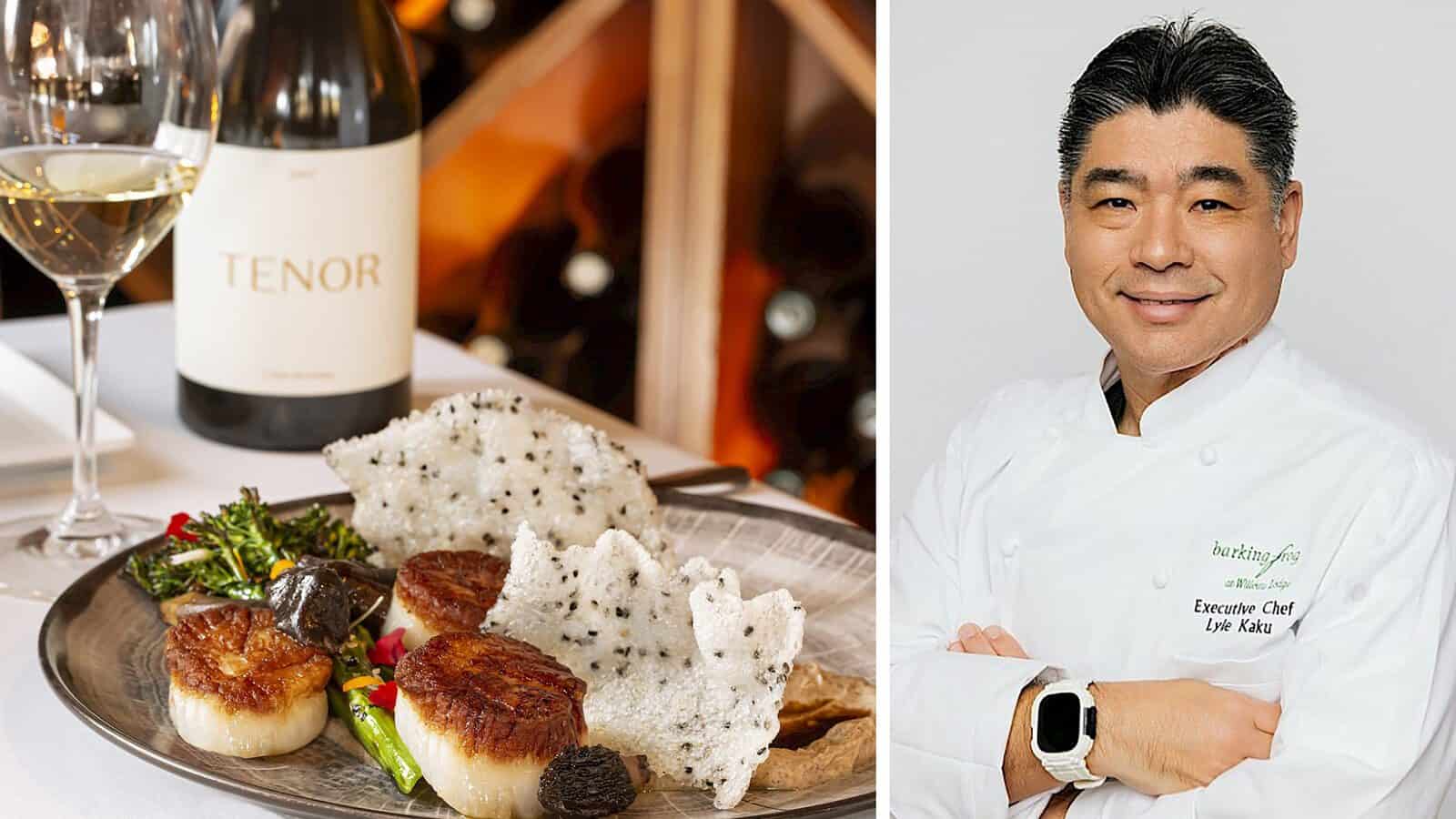 Close-up of a gourmet seafood dish beside a wine glass and bottle, next to a chef in a white coat, arms folded—ready for March 30's Seattle Restaurant Week.