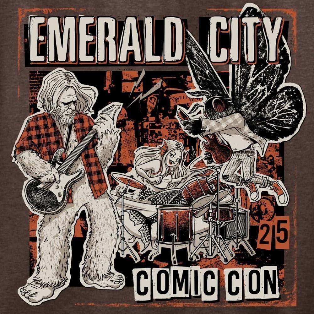Illustration of a rock band with a guitarist, drummer, and winged creature playing guitar, promoting the Must List at Emerald City Comic Con. Save the date for March 6, 2025!.