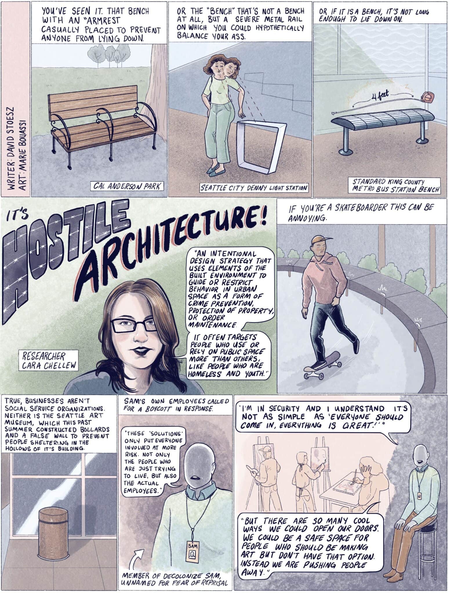 A Pen & Eye comic delves into hostile design, spotlighting a researcher, park benches with added bars, and a skateboarder. It examines the intention behind hostile architecture to deter certain behaviors while raising safety and ethical concerns.