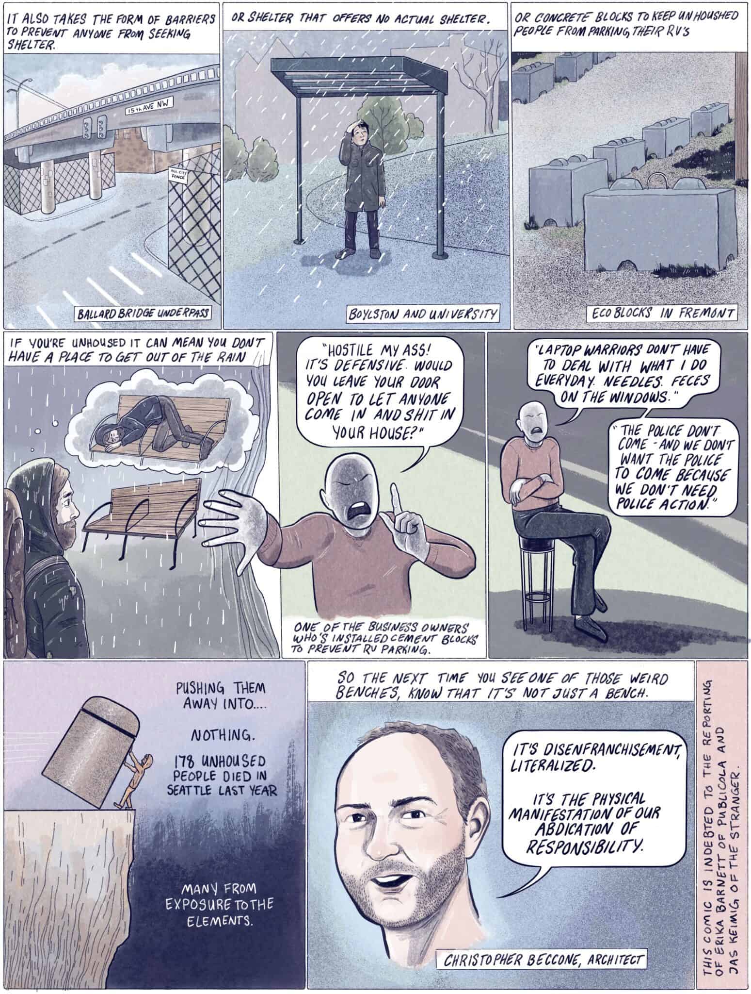 A comic illustrating various scenes of homelessness, highlighting inadequate shelters and the impact of hostile architecture on public spaces, with commentary from an architect on societal responsibilities.