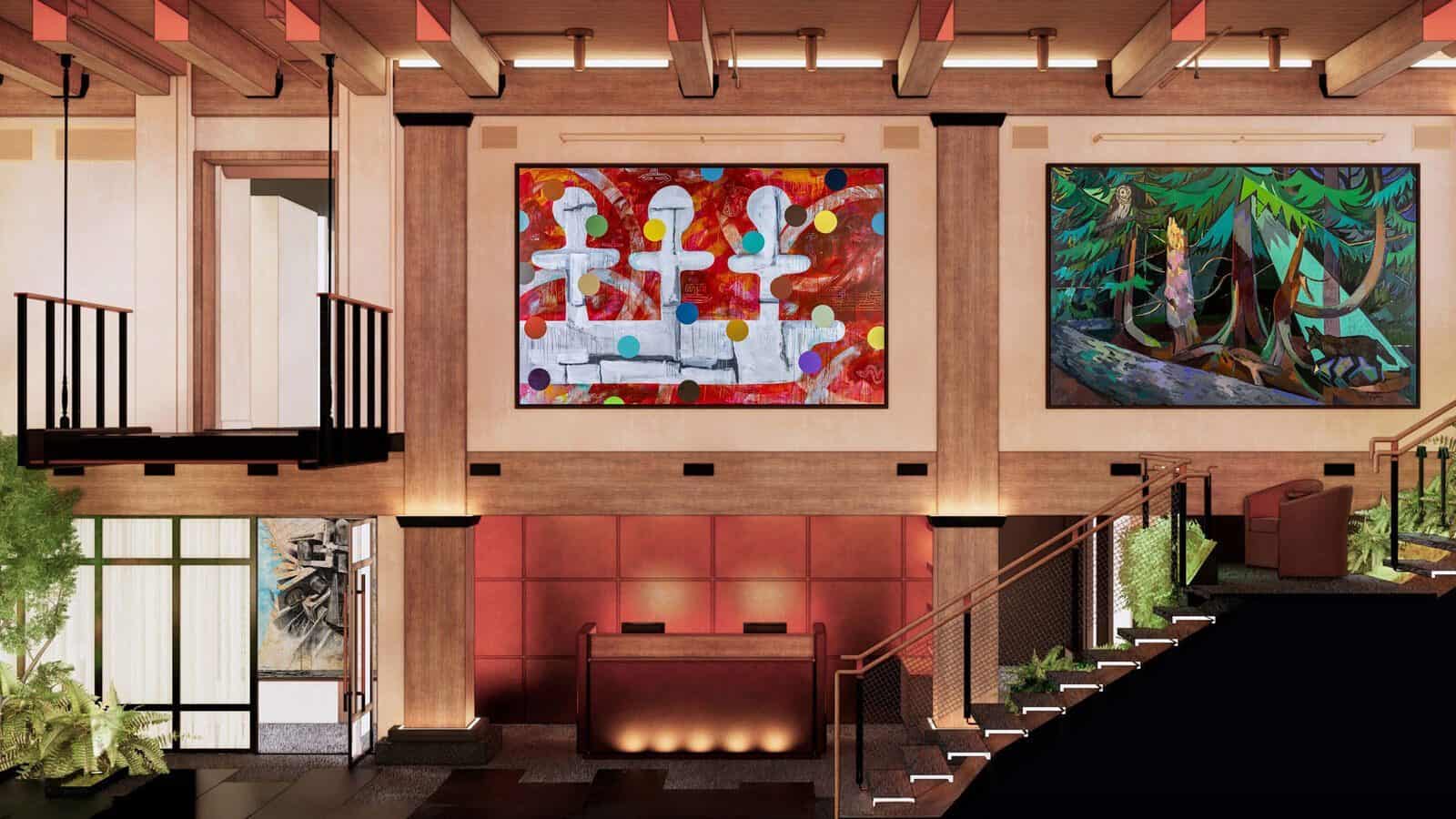 HotelWestland_ARTXIV_Lobby_1600x900 This exciting hotel lobby features modern art adorning the walls, wooden ceiling beams, and a staircase on the right. At its heart lies a sleek reception desk surrounded by lush greenery, welcoming guests to one of the most anticipated 2025 hotel openings.
