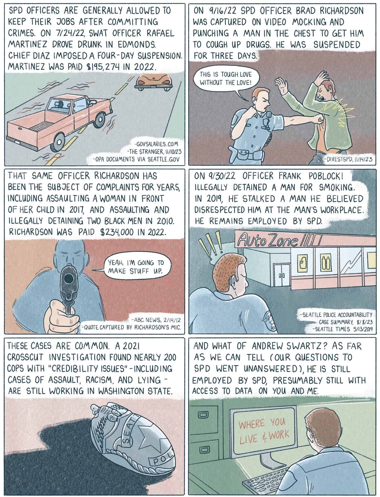 Comic strip detailing police officers retaining their jobs despite misconduct allegations, with illustrations and text discussing specific cases in Seattle from 2012 to 2022. Capturing every injustice with a keen eye and an unwavering pen, the story unfolds stark truths about accountability.