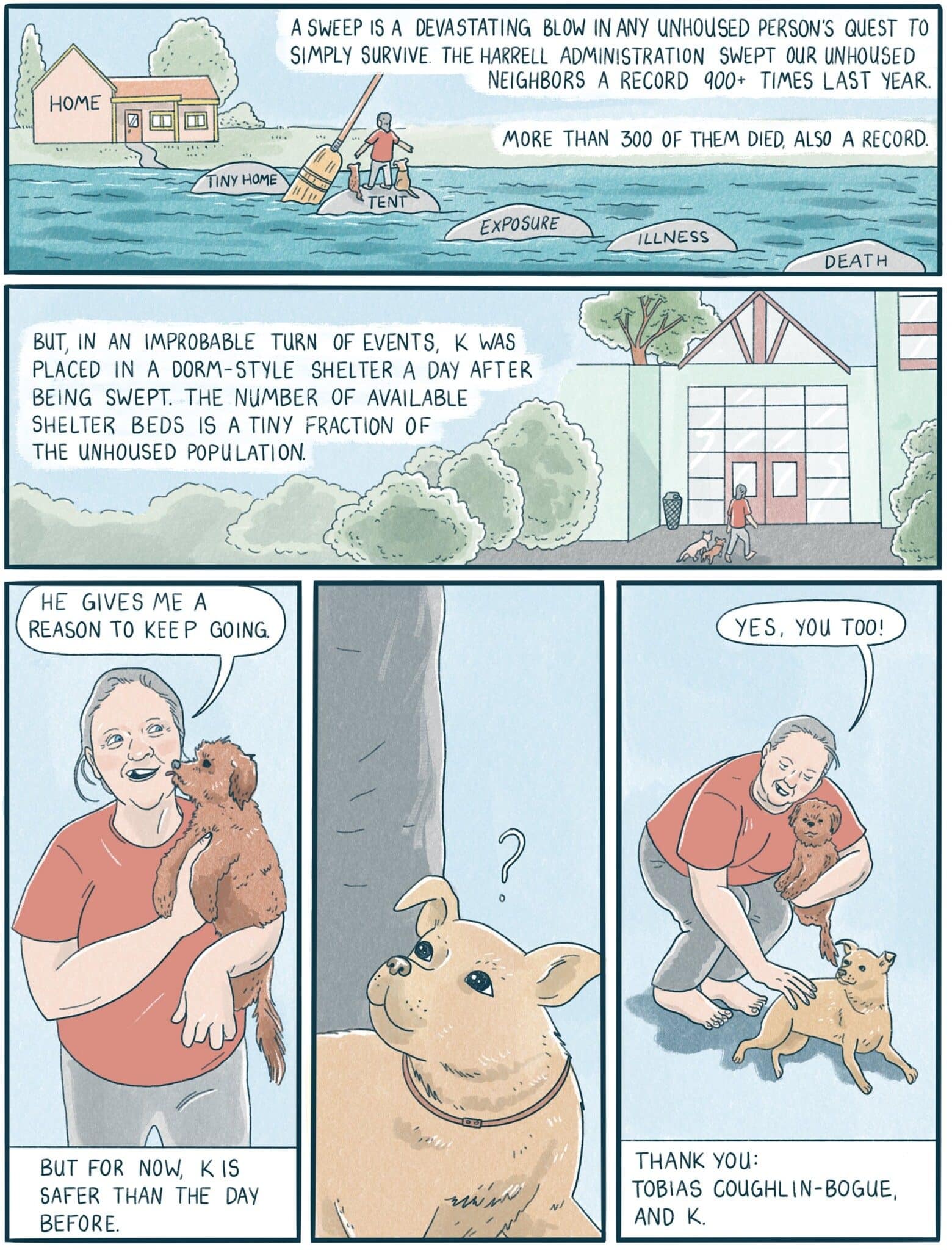 Comic depicting a man's journey from homelessness. Initially living in a tent, he's later placed in a shelter with his dog. Acknowledges limited available shelter spaces. Credits Tobias Coughlin-Bogue and K.