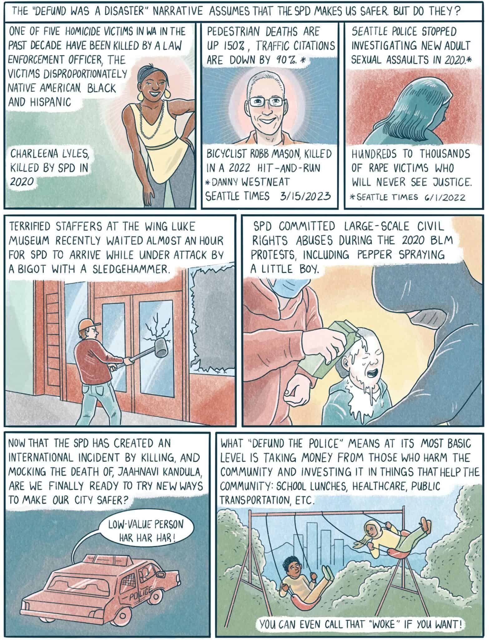 Comic strip addressing the impact of defunding the police, highlighting crime rates, victims, safety concerns, and contrasting political views.