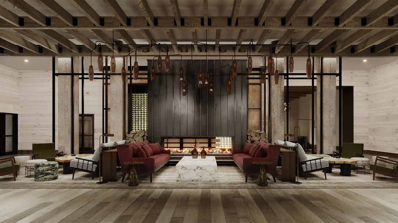 Discover our modern hotel lobby, a masterpiece from our exciting hotel openings of 2025. With its wooden ceiling, central fireplace, red couches, and pendant lighting, the neutral tones and contemporary decor create a welcoming atmosphere.