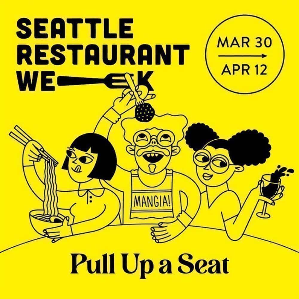 Illustrated poster for Seattle Restaurant Week, featured on the Must List, showcases three cartoon individuals savoring noodles, pizza, and a drink. Dates: March 30 to April 12. Save the date—03-27-2025—and "Pull Up a Seat.