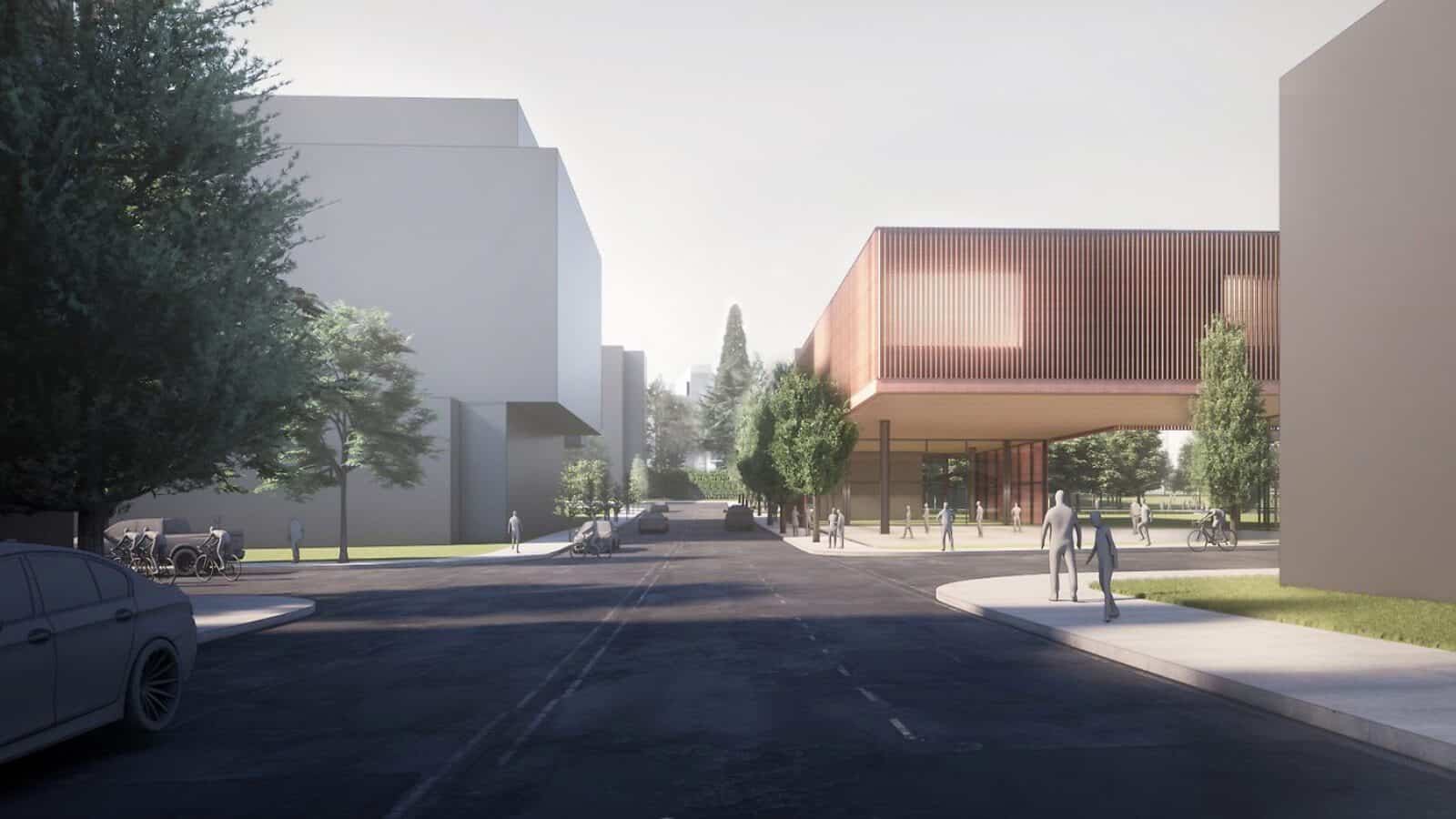 A street view of a modern urban area in Seattle showcases large buildings, trees, and people strolling. Bicycles are parked on the side while cars traverse the road under a clear sky. Nearby, there are intriguing museum plans drawing the curiosity of passersby.