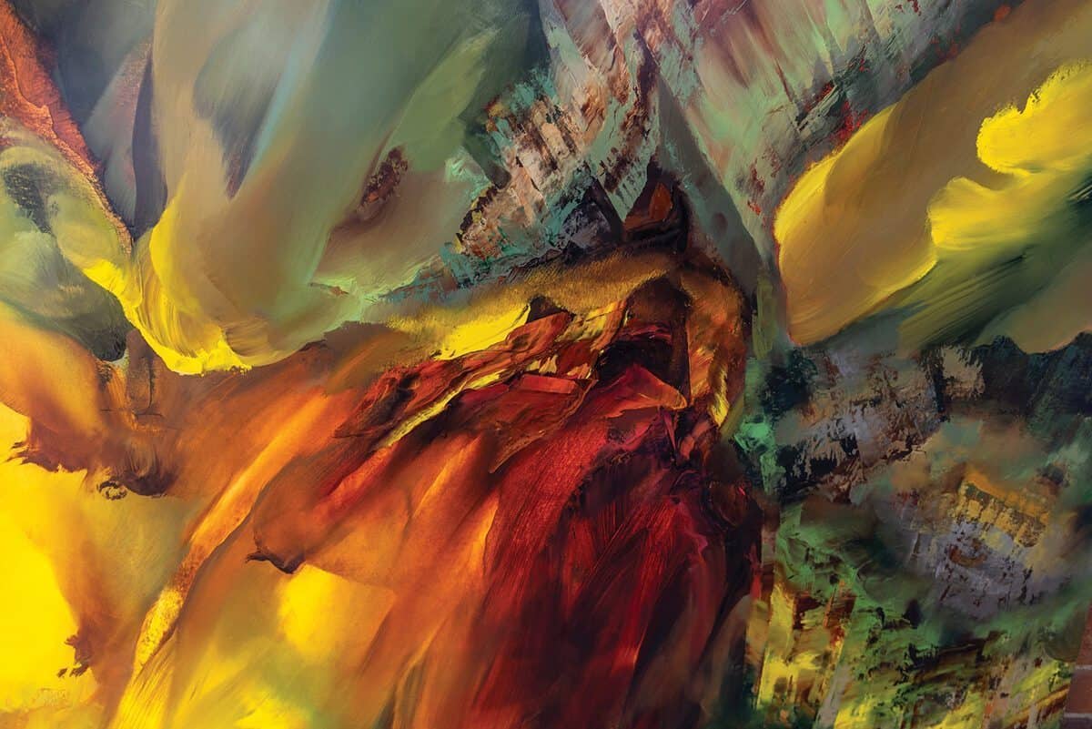 Abstract painting with dynamic strokes of yellow, red, green, and brown blending together, creating a sense of movement and energy—featured at ARTXIV in Pioneer Square Seattle.