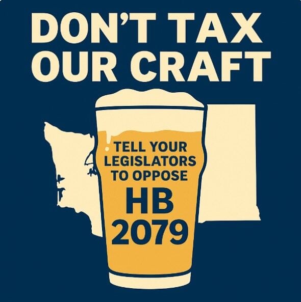 A graphic with the words "DON'T TAX OUR CRAFT" above a beer glass that says "TELL YOUR LEGISLATORS TO OPPOSE HB 2079," set against a silhouette of a state map.