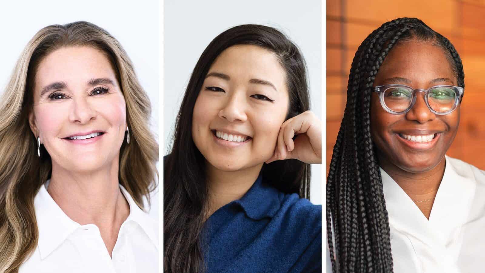 MelissaGates-JoanSung-AleshaWashington_1600x900 Three trailblazing women, each smiling, are pictured in separate headshots against different backgrounds. They have varying hairstyles and wear business casual attire.