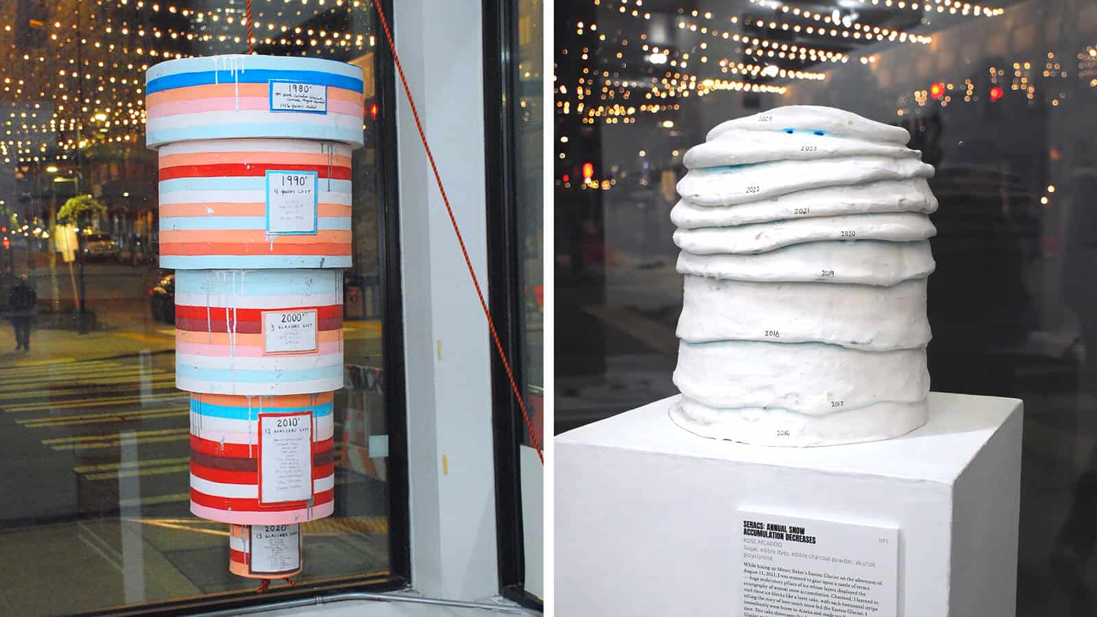 Two art pieces shown side by side: the left is a stack of striped buckets with labels, while the right reveals Glacial Expressions—a white, uneven, layered sculpture atop a white pedestal.