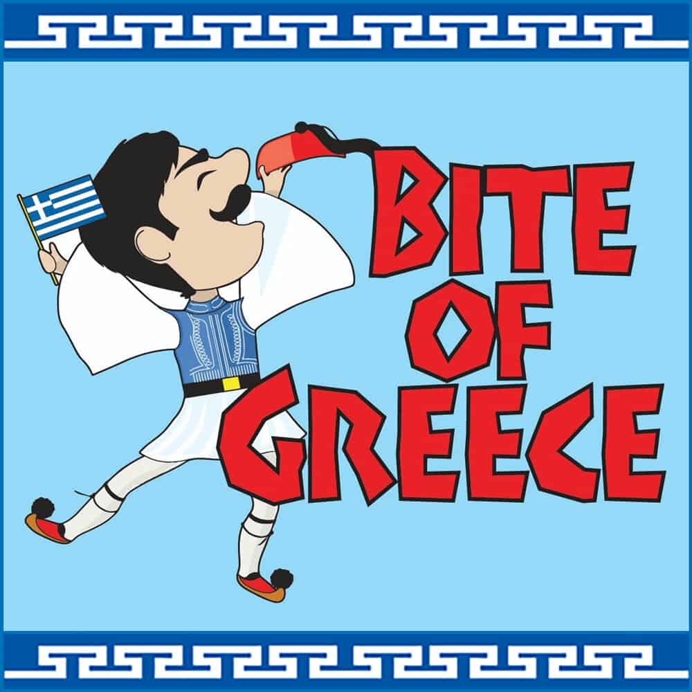 Cartoon of a man in traditional Greek clothing drinking from a container, holding a Greek flag, with bold red "Bite of Greece" text on a blue background with Greek key borders. A Must List pick for 05-29-2025.