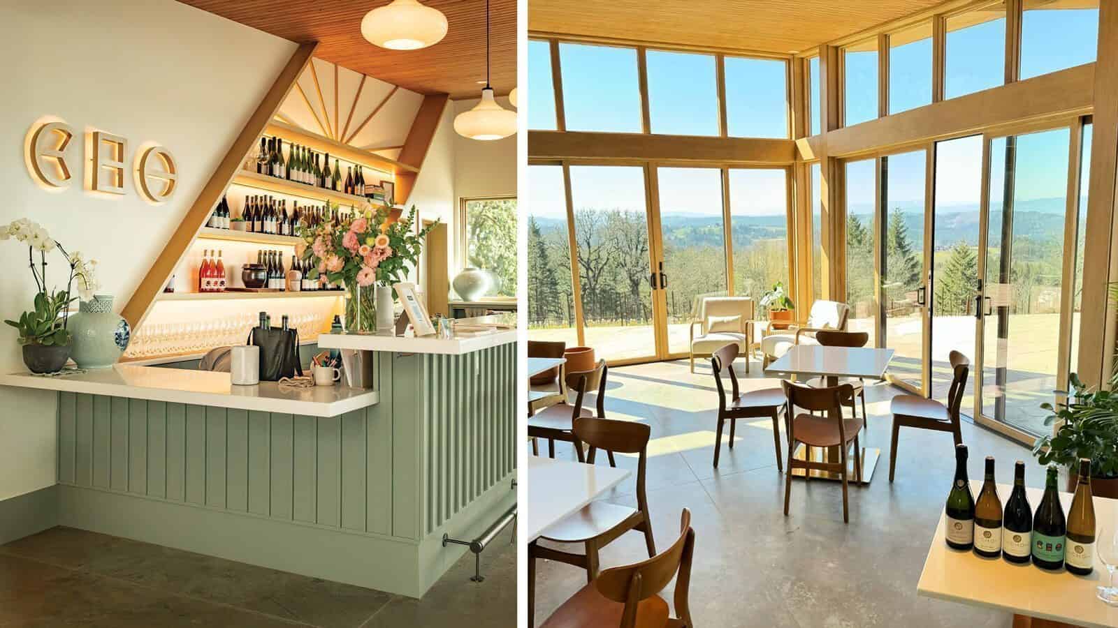 Left: Modern wine bar with bottles on shelves and flower arrangements. Right: Sunlit tasting room in Oregon wine country, featuring large windows, wooden furniture, and a scenic outdoor view.