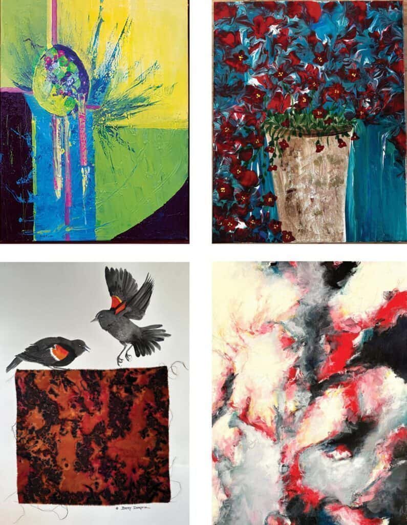A collage of four abstract and semi-abstract paintings featuring vibrant colors, geometric shapes, birds, flowers, and expressive brushstrokes—an example of good art perfect for a Mother’s Day gift or celebrating creativity with the Camano Arts Association.