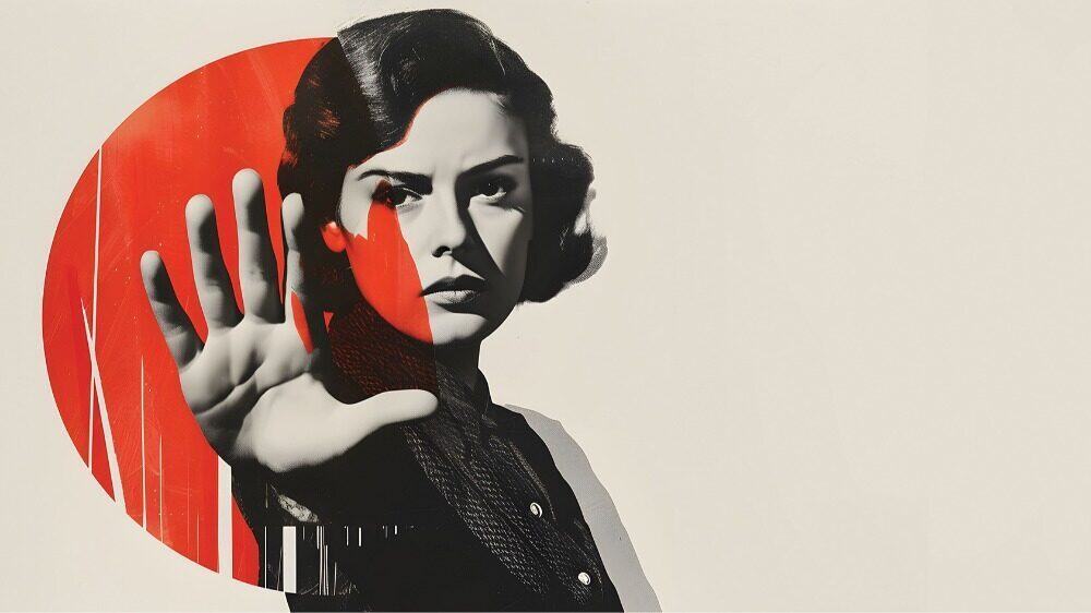 HEARTBEAT_Womens Power-16-9-1000x563 Black-and-white portrait of a woman with her hand raised, partially overlaid by a red circle, set against a plain light background—a powerful nod to the ongoing struggle for women's rights.
