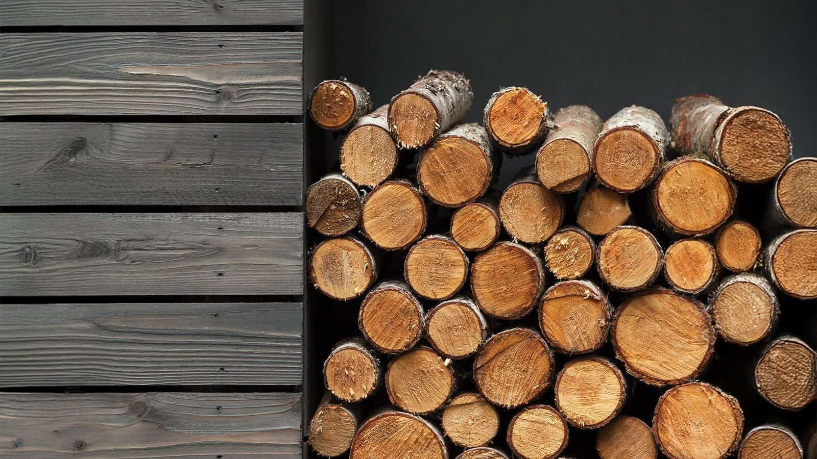 Stacked firewood logs beside a wooden wall, showing the cut ends of the logs facing outward—perfect for cozy evenings at second homes after summers in the waterfront.