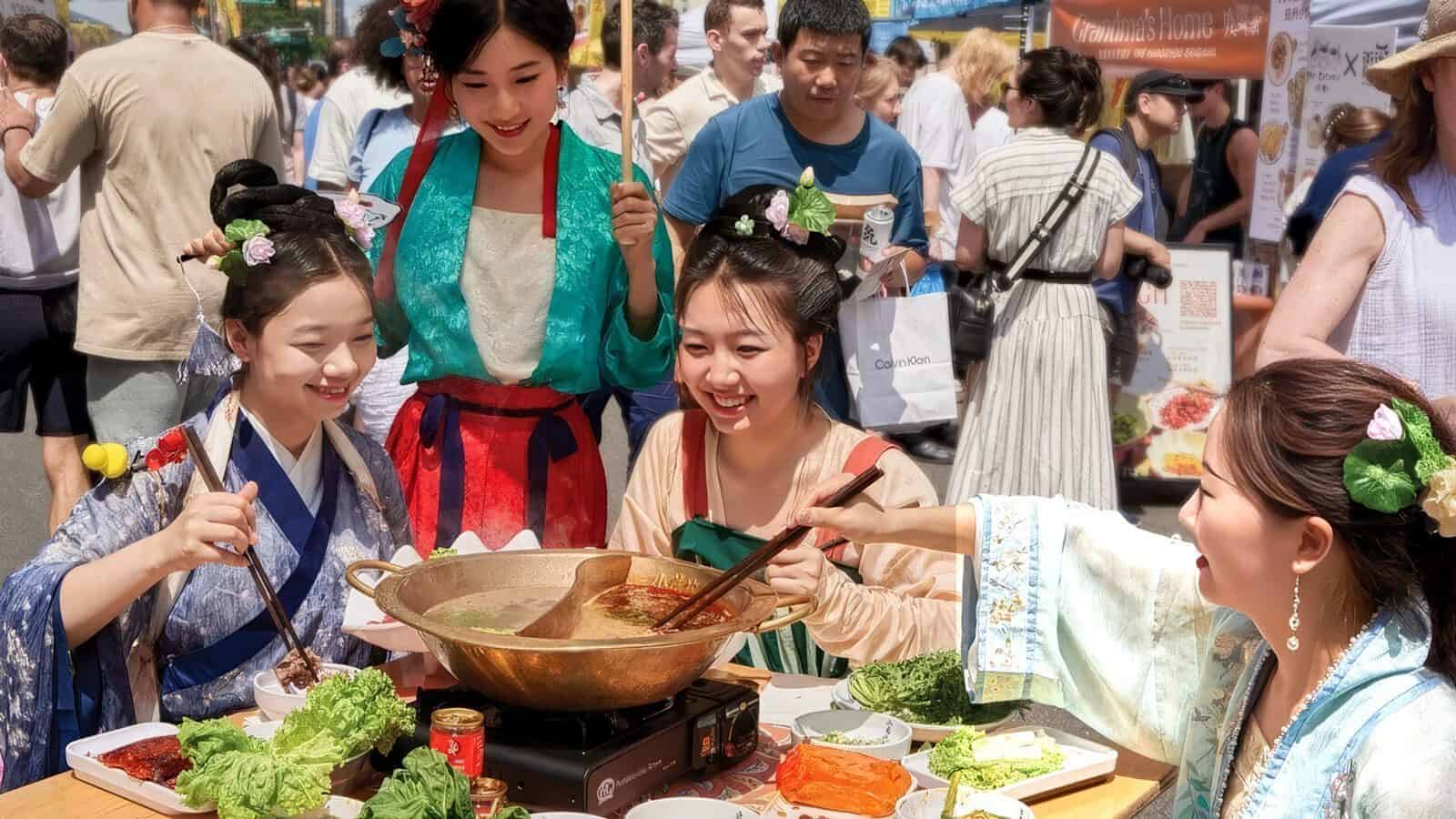 Panda-Fest-2025_1600x900 Four women in traditional Asian attire sit around a table cooking hot pot outdoors, surrounded by vegetables and onlookers at Seattle summer’s bustling Panda Fest street market.