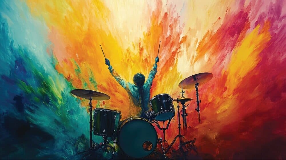 SBM_Spotlight-16-9-1000x563 A drummer playing a drum set faces a vibrant, multicolored explosion of paint—an energetic and dynamic scene that captures the essence of Instruments of Inspiration.