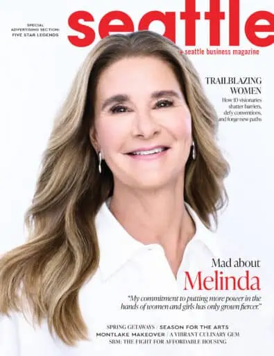 SEM0525_cover Melinda French Gates on the cover of Seattle Business Magazine, featuring headlines about trailblazing women and a quote on women’s empowerment.