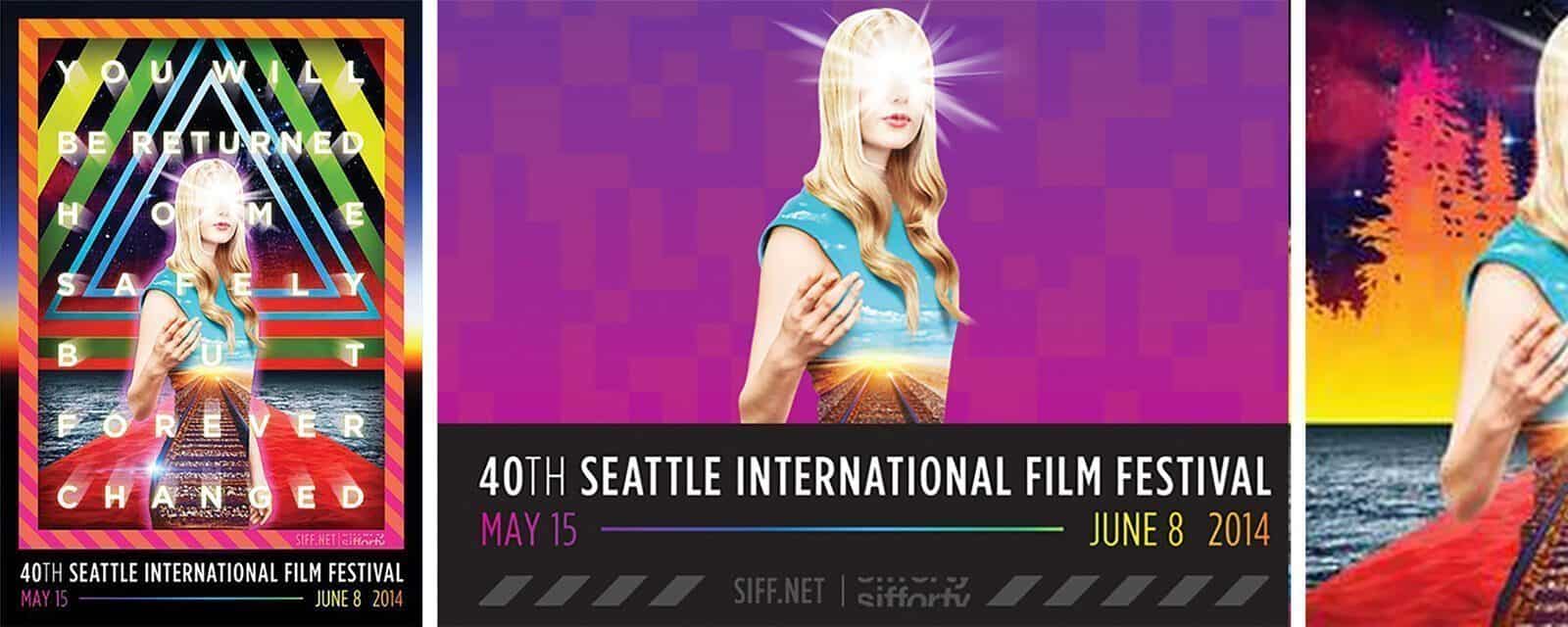 Poster for the 40th Seattle International Film Festival, “Art Behind the Frame,” features a woman with light shining from her face, event dates May 15 to June 8, 2014, set against a colorful background.
