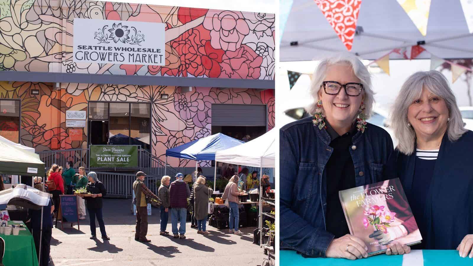 People visit the Seattle Wholesale Growers Market during a plant sale; two women stand at a booth holding a new book promoting the use of locally grown, seasonal, and sustainably harvested flowers.